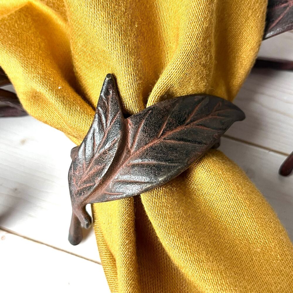 Set of 5 Cast Iron Metal Leaf Design Napkin Rings Bronze Finish Rustic Cabin